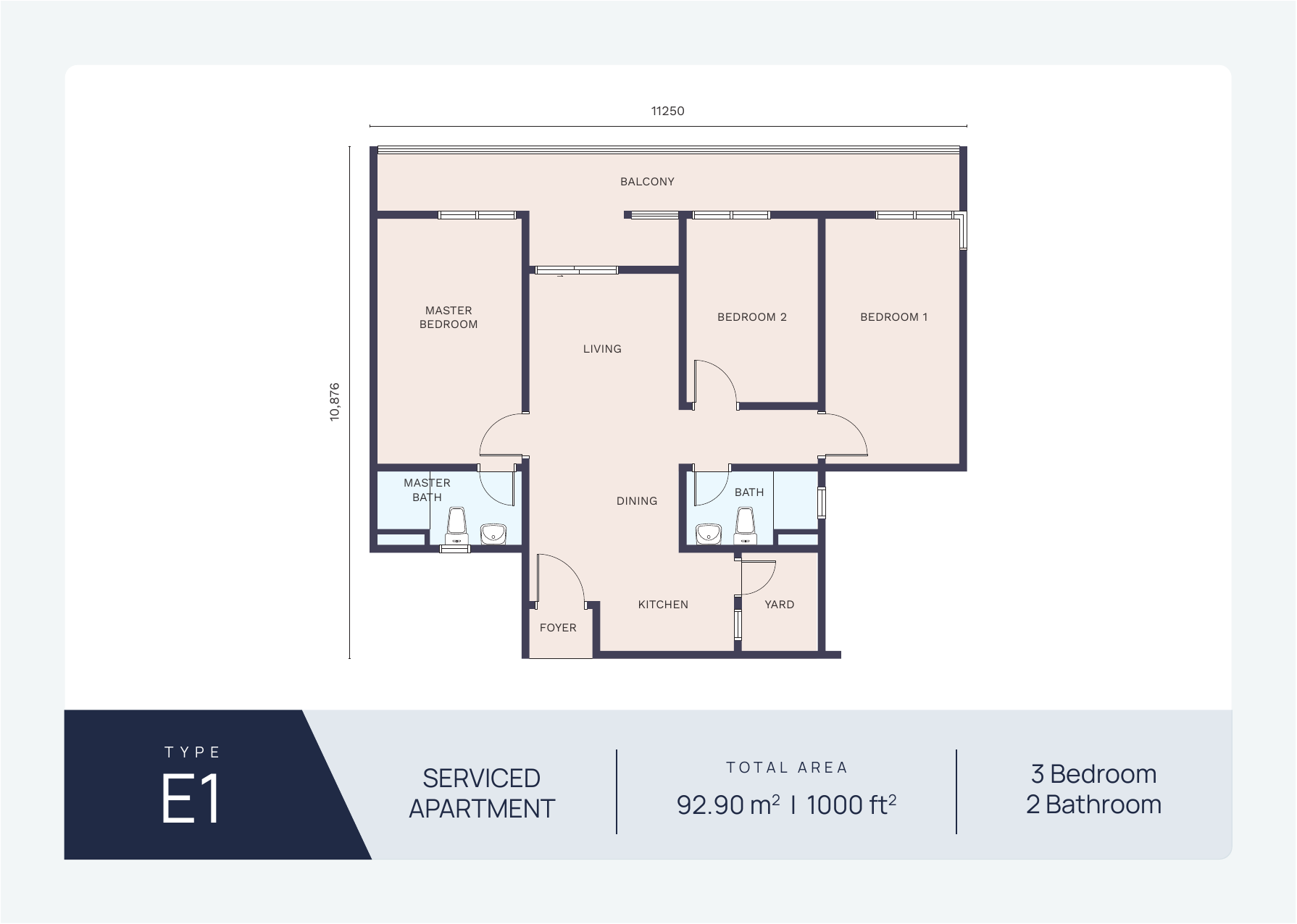 Type E1 Serviced Apartment Floor Plan — 1,000 sqft