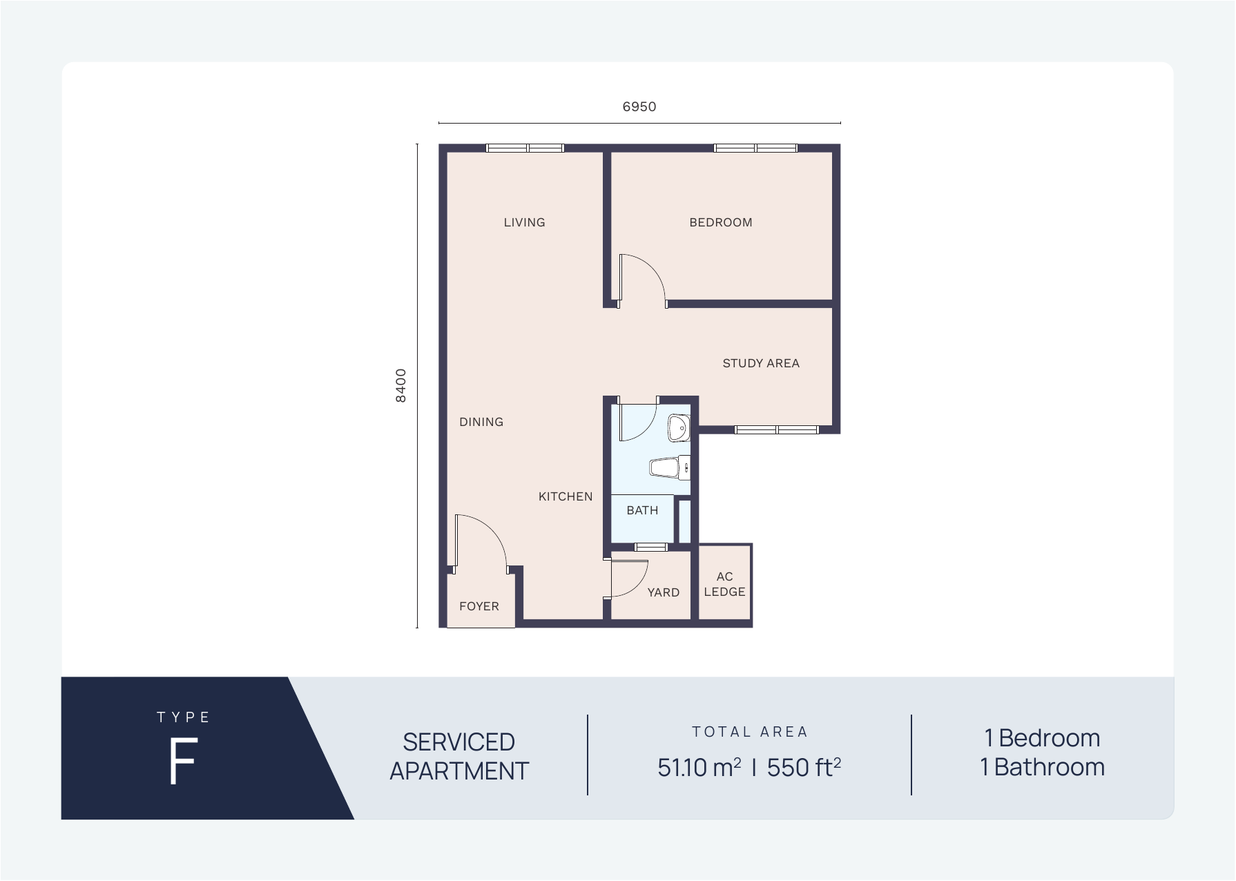 Type D1 Serviced Apartment Floor Plan — 1,000 sqft